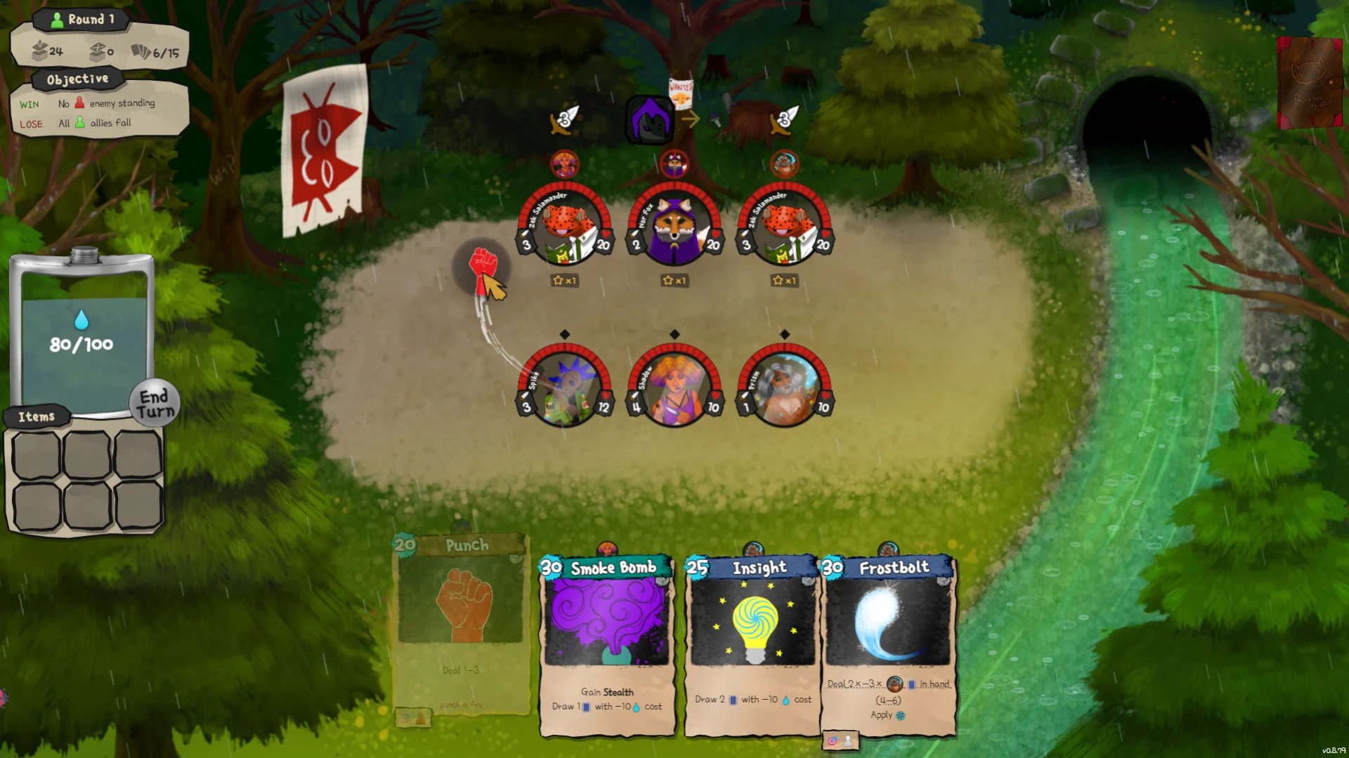 Three heroes mid-combat, cards in hand